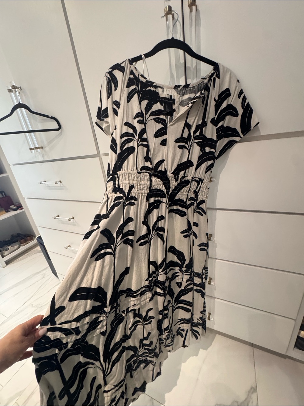Tahari Cream Midi Dress with Black Botanical Print